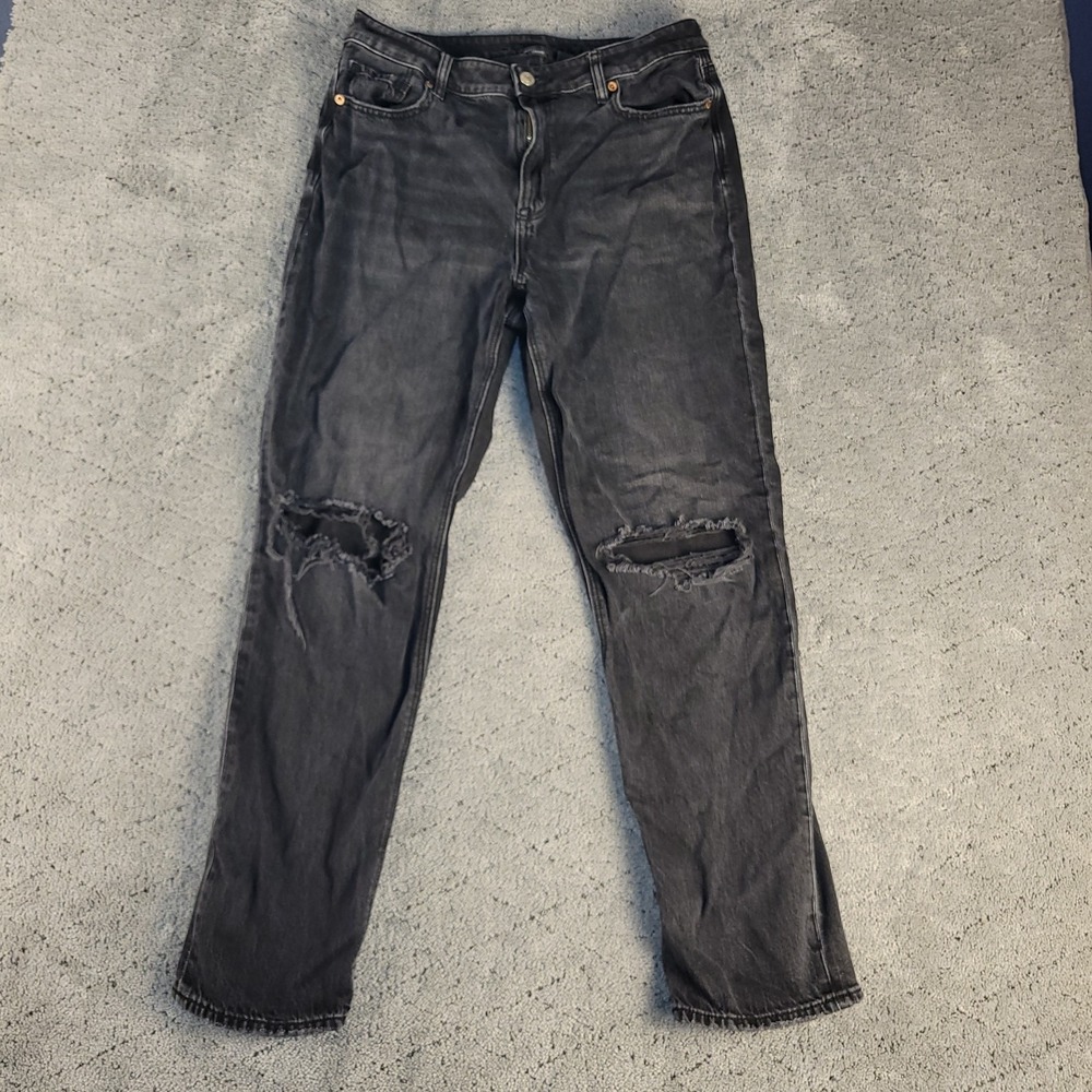 American Eagle Jeans Womens 10 Black Mom Jean Strigid Distressed High Rise Denim